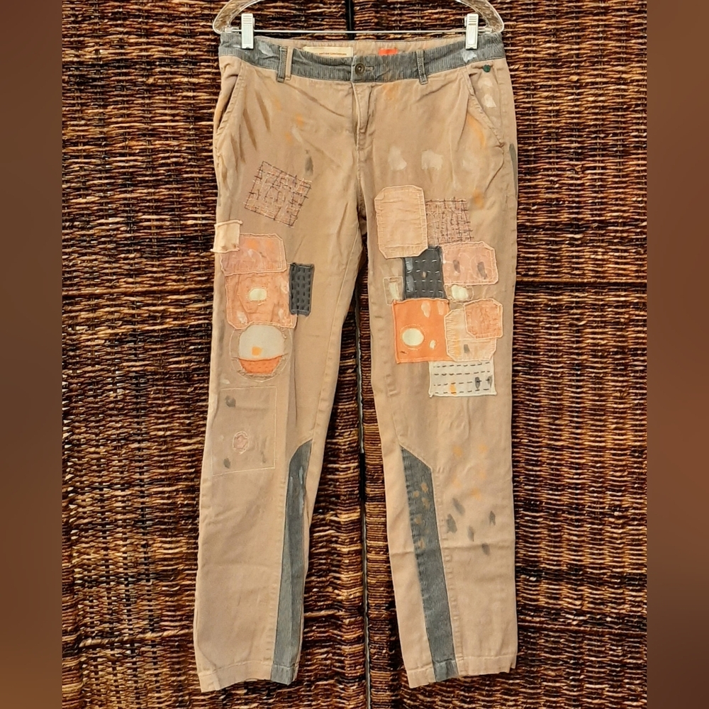 Pilcro Pants 29 Tan Hyphen Patchwork Funky Festival Anthropologie Embroidered